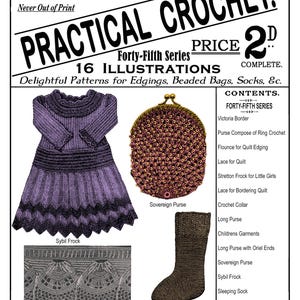 May include: Vintage magazine cover featuring crochet patterns. The cover includes illustrations of a purple dress, a beaded purse, and a brown sock. Text reads "Practical Crochet" and lists various patterns for edgings, bags, and socks.
