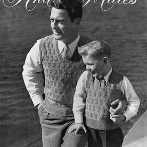 Botany Pattern of the Month #1406, Lovely Knitting Patterns for Father and Son&#39;s Hand Knit Vests - June, 1950 (PDF eBook Digital Download)