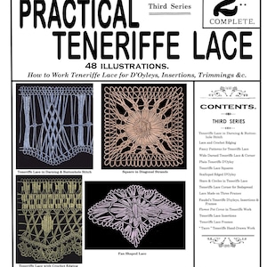Op de afbeelding: Omslag van een vintage tijdschrift voor Weldon's Practical Needlework, met 'Practical Teneriffe Lace'. De omslag toont illustraties van kantpatronen, waaronder stoppen, vierkanten en waaiervormige ontwerpen. Prijs: 2d.