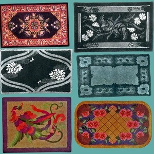 Puede incluir: Cinco dise&ntilde;os de alfombras diferentes. La primera alfombra tiene un fondo morado oscuro con un patr&oacute;n floral rojo, blanco y negro. La segunda alfombra tiene un fondo negro con un patr&oacute;n floral blanco. La tercera alfombra tiene un fondo azul claro con un borde azul oscuro. La cuarta alfombra tiene un fondo marr&oacute;n con un dise&ntilde;o de p&aacute;jaro rojo, verde y morado. La quinta alfombra tiene un fondo marr&oacute;n con un patr&oacute;n floral rosa.