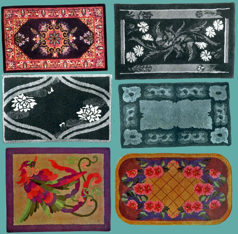 Puede incluir: Cinco dise&ntilde;os de alfombras diferentes. La primera alfombra tiene un fondo morado oscuro con un patr&oacute;n floral rojo, blanco y negro. La segunda alfombra tiene un fondo negro con un patr&oacute;n floral blanco. La tercera alfombra tiene un fondo azul claro con un borde azul oscuro. La cuarta alfombra tiene un fondo marr&oacute;n con un dise&ntilde;o de p&aacute;jaro rojo, verde y morado. La quinta alfombra tiene un fondo marr&oacute;n con un patr&oacute;n floral rosa.