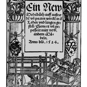 May include: A black and white woodcut illustration of a weaving loom with two figures operating it. The text above the loom reads "Ein New Modelbuch auff außne he vin pozten wircke in 8 Laden und langen ges stell/Gemert vi ge: peſſert mitt new, andern deln. Anno dni, 1524."