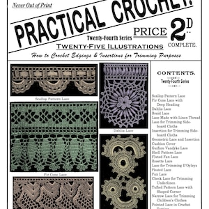 Pode incluir: Capa de livro de padrões de crochê vintage, "Weldon's Practical Crochet", com vários desenhos de renda de crochê. A capa inclui o preço, o número da edição e uma lista de conteúdos. O livro é da Vigésima Quarta Série.