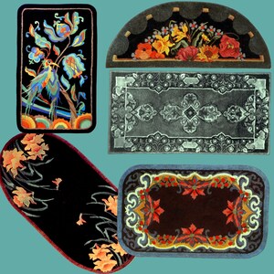 Puede incluir: Cinco dise&ntilde;os de alfombras diferentes con varios patrones florales y geom&eacute;tricos. Las alfombras son en tonos de negro, marr&oacute;n, azul, verde, amarillo y naranja.
