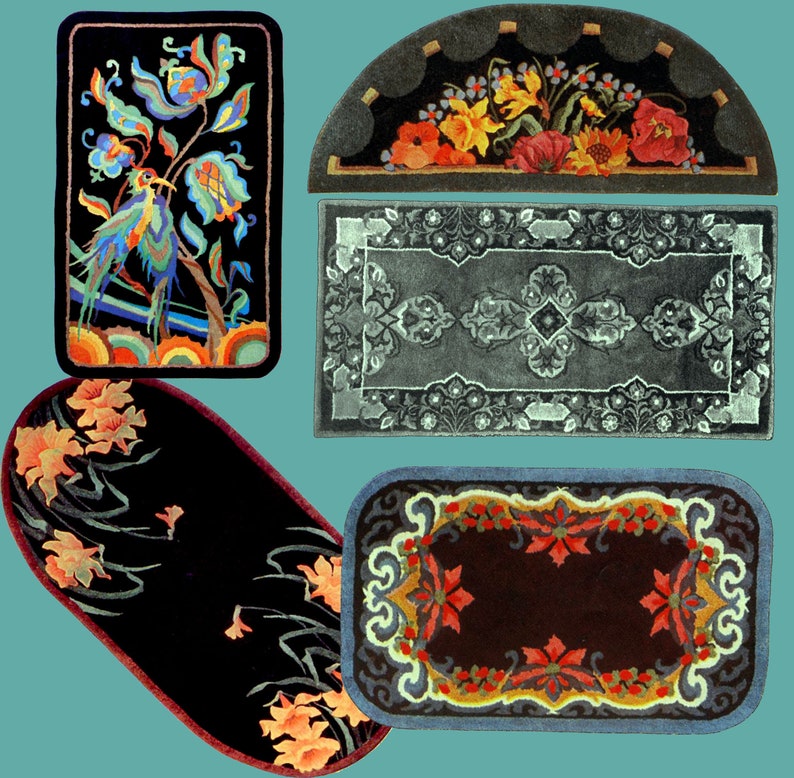 Puede incluir: Cinco dise&ntilde;os de alfombras diferentes con varios patrones florales y geom&eacute;tricos. Las alfombras son en tonos de negro, marr&oacute;n, azul, verde, amarillo y naranja.