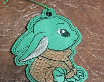 Embroidered Ornament / Keyfob / Bookmark--Cute Little Green Alien Sitting