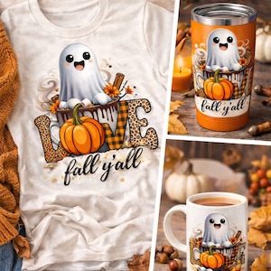 Puede incluir: Camiseta blanca, vaso naranja y taza blanca con un fantasma lindo en una taza con una calabaza, palitos de canela y el texto "fall y'all". El diseño incluye el texto "CRAFTS IN STYLE!" y "PERFECT FOR T-SHIRTS, MUGS & MORE!"
