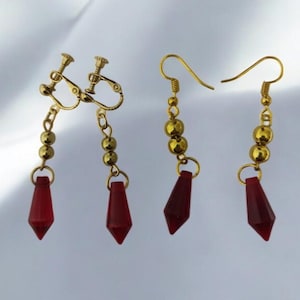 Red Crsytal Gold Dangle Drop Earrings/ Anime Earrings/ Unisex Elegant Earrings/ Anime Cosplay Jewelry/ For Her/ For Him/ For Gift...