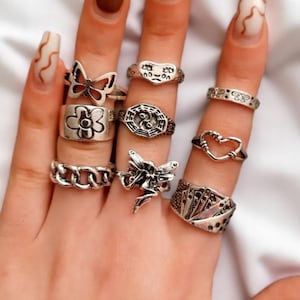 Silver 9 Pcs Adjustable Opening Ring Set/ Fashion Elegant Silver Ring Set/ Dainty Silver Ring Set/ Women Rings Set/ For Gift...