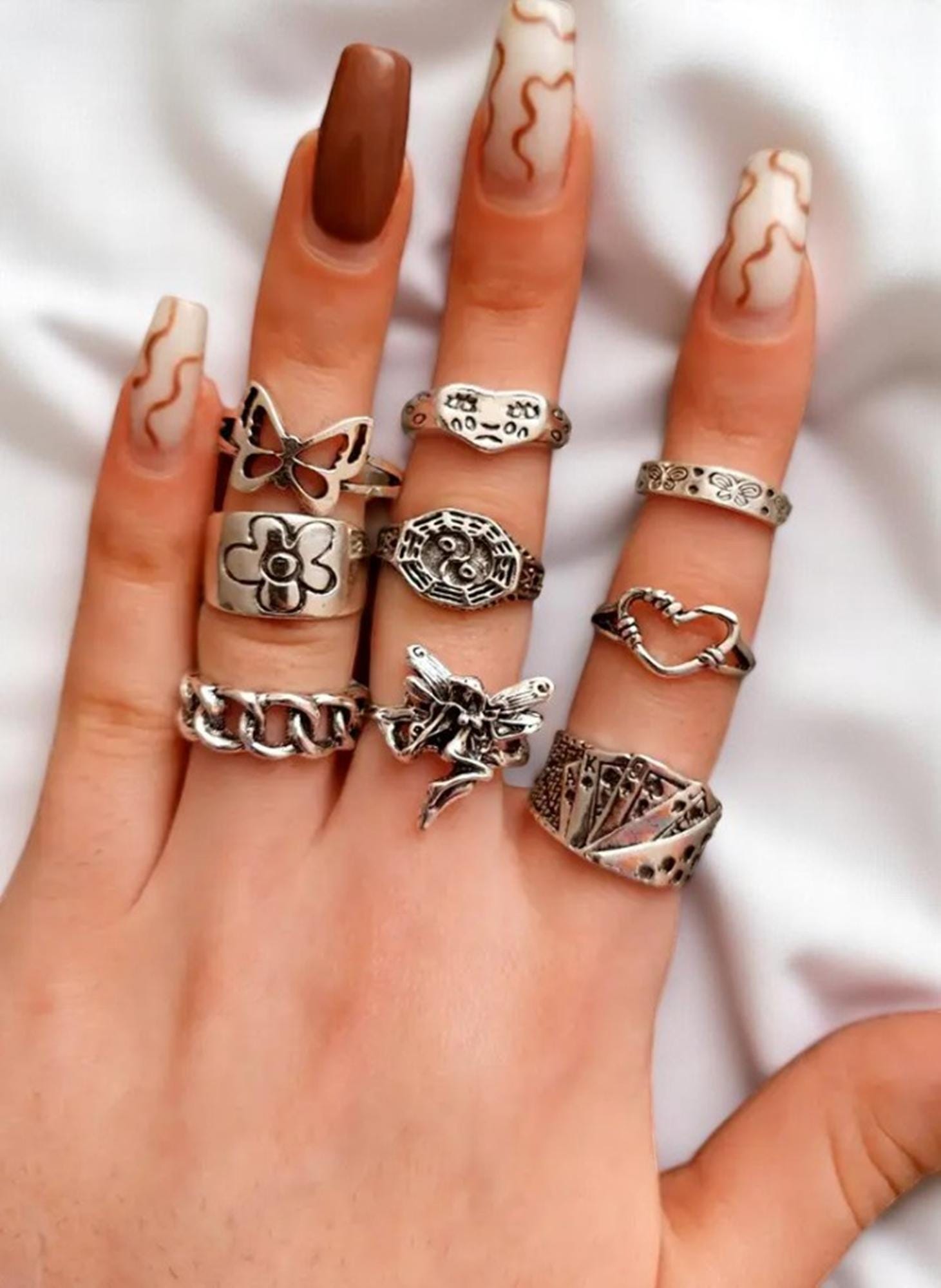 Silver 9 Pcs Adjustable Opening Ring Set/ Fashion Elegant Silver Ring Set/ Dainty Silver Ring Set/ Women Rings Set/ For Gift...
