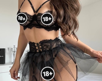 Black Lace Tulle Lingerie Set – Strappy Bra, Garter Belt, Gothic Style