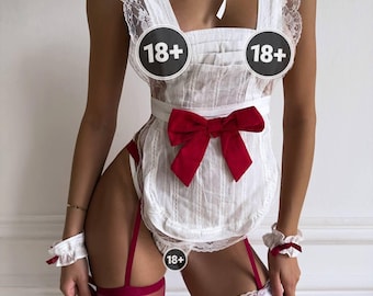 Black and White French Maid Lingerie Set with Red Bow, Lace Apron Costume, Sexy Roleplay Outfit, Kawaii Cosplay Uniform