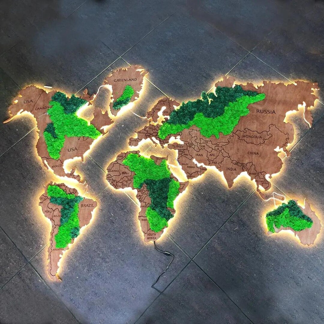 Map Backlit Graphic Backlit World Map Wall Art Featuring Stabilized Moss for a Unique ...