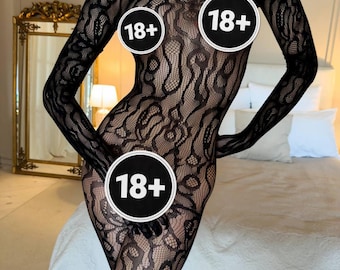 Black Lace Bodystocking, Sheer Floral Mesh Catsuit, Long Sleeve Fishnet Lingerie, Full Body Stocking