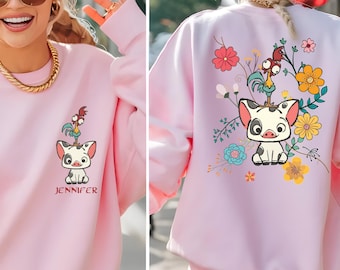 Personalisierte Vaiana Shirt mit Pua und Hei Hei Floral Disney Prinzessin T-Shirt oder Sweatshirt Magic Kingdom Outfit für Disney World Familienreise