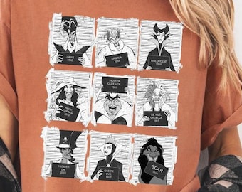 Halloween Disney Tee Comfort Colors Retro Disney Villains Mugshot Lineup Shirt Evil Queen Ursula Scar Maleficent Jafar Villain Trip Shirt
