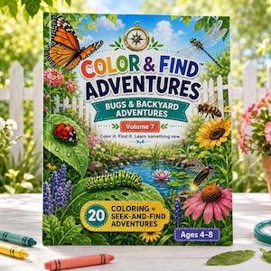 Może przedstawiać: Książka z zadaniami w miękkiej oprawie zatytułowana Color & Find Adventures Bugs & Backyard Adventures Volume 7. Okładka przedstawia staw, owady i kwiaty z tekstem 20 Coloring + Seek-and-Find Adventures oraz Ages 4-8. W zestawie kredki.