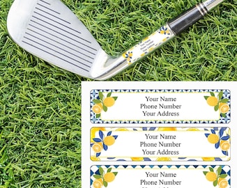 Könnte beinhalten: Ein Golfschläger mit silbernem Kopf und schwarzem Griff, auf grünem Gras. Der Schaft des Schlägers hat ein Zitronenmuster und den Text "Your Name, Phone Number, Your Address". Drei passende Etiketten sind ebenfalls sichtbar.