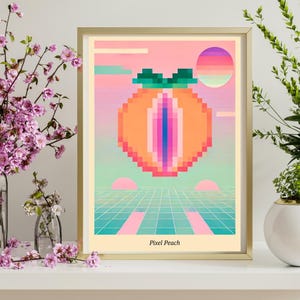 May include: A pixelated peach with a green stem and leaves against a pink, blue, and green gradient background. The peach is in a retro-style grid pattern. The text "Pixel Peach" is at the bottom of the image.