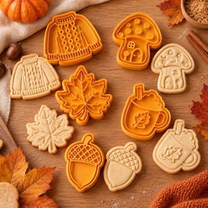 Op de afbeelding: Een verzameling oranje plastic koekjesvormers en bijpassende koekjes in de vorm van een kabeltrui, een paddenstoelhuisje, een esdoornblad, een mok met een bladmotief en een eikel, gerangschikt op een houten ondergrond met herfstdecoratie.