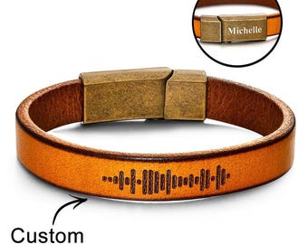Custom Engraved Music Code Bracelet PU Leather Magnetic Clasp Personalized Music Jewelry Gift