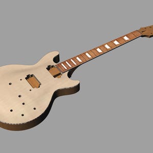 May include: Unfinished natural wood electric guitar body with a maple neck and white inlays. The body has a cutaway design and is ready for assembly.