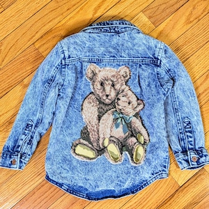 Adorable upcycled Toddler 3T denim jacket with Teddy bears tapestry fabric applique