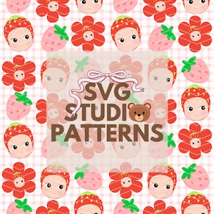May include: A seamless pattern featuring red flowers, strawberries, and baby faces wearing strawberry hats. The pattern is on a pink and white gingham background. The text "SVG STUDIO PATTERNS" is in the center of the image.