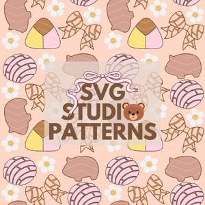 May include: A seamless pattern featuring a variety of pink and brown illustrations on a light pink background. The illustrations include a bear, bows, flowers, and pastries. The text "SVG STUDIO PATTERNS" is in the center of the image.