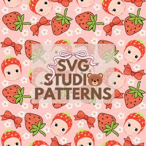 May include: A seamless pattern featuring a pink background with red strawberries, white flowers, and red bows. The strawberries have a baby face with closed eyes. The text "SVG STUDIO PATTERNS" is in the centre of the image.