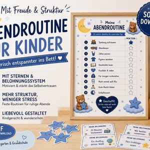 Può includere: Una tabella stampabile per la routine serale dei bambini con un elenco numerato da uno a dieci con icone, un sistema di ricompensa a stelle e testo in tedesco. Il design include illustrazioni di una luna crescente gialla e un orsetto.