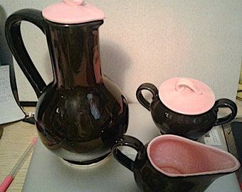 Local Pick Up Only! Vintage McCoy Mid Century Modern Ceramic 5pc. Coffee Set in Black w/Pink 1957