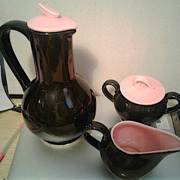 Local Pick Up Only! Vintage McCoy Mid Century Modern Ceramic 5pc. Coffee Set in Black w/Pink 1957