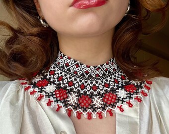 Black, red and white hand made traditional Ukrainian beaded necklace Sylyanka