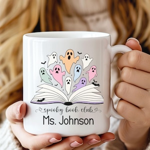 Custom Spooky Book Club Mug, Personalized Teacher Name Ghost Mug, Halloween Librarian Reader Gift, Spooky Bookshelf Coffee Cup Idea