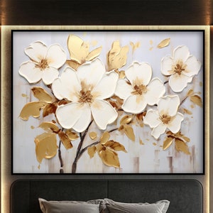 Gouden bloemen, 100% handgeschilderd, abstract olieverfschilderij, getextureerde canvaskunst, muurdecoratie woonkamer, acrylschilderij voor thuis of op kantoor