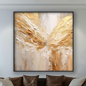 Gold, White, 100% Hand Painted , Abstract Oil Painting, Textured Canvas Art, Living Room Wall Decor, Acrylic Painting for Home Or Office