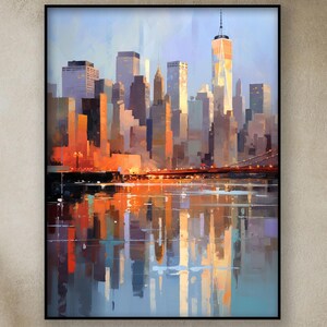 New York City Skyline at Sunset, 100% Hand Painted, Abstract Oil Painting, Textured Canvas Art, Living Room Wall Decor, Art Home Or Office