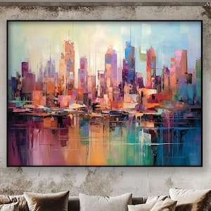 Vibrant City Skyline, 100% Hand Painted, Abstract Oil Painting, Textured Canvas Art, Living Room Wall Decor, Acrylic Art For Home Or Office