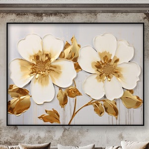 Gold, White Flowers, 100% Hand Painted, Abstract Oil Painting, Textured Canvas Art, Living Room Wall Decor, Acrylic Painting