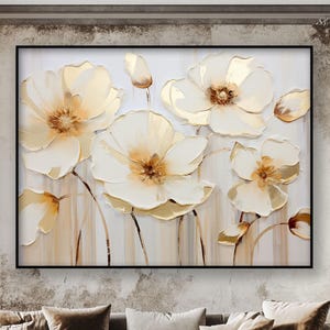 White, Gold Flowers, 100% Hand Painted , Abstract Oil Painting, Textured Canvas Art, Living Room Wall Decor, Acrylic Painting