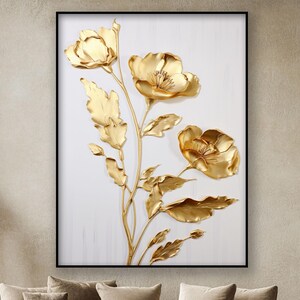 Gouden bloemen schilderij, 100% handgeschilderd, abstract olieverfschilderij, bloemen, getextureerde canvaskunst, woonkamer muur decor, acrylschilderij