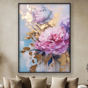 Kleurrijke bloemen, gouden details, 100% handgeschilderd, abstract olieverfschilderij, getextureerde canvaskunst, muurdecoratie woonkamer, acrylschilderij