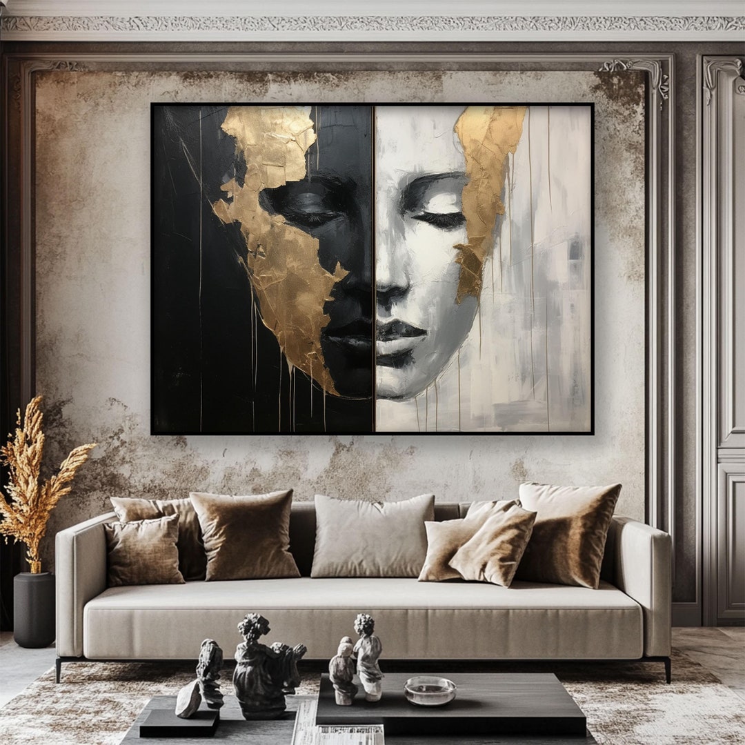 Abstract Woman Face Oil Painting: Black and White Textured Canvas