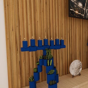 Menorah Sculpture with Plants & Candles |  Metal Menorah | Unique Hanukkah Menorah | Menorah Tree | Menorah Candle and Plant Holder
