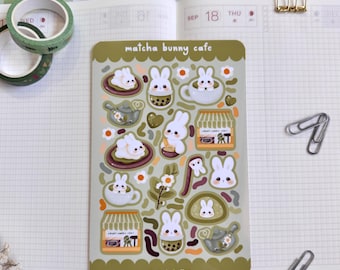 Cute Bunny Matcha Café Sticker Sheet 4x6| Kawaii Matcha Lovers Tea Boba Stickers| Journal & Scrapbooking Sticker Sheet| Dessert Bunny Vinyl