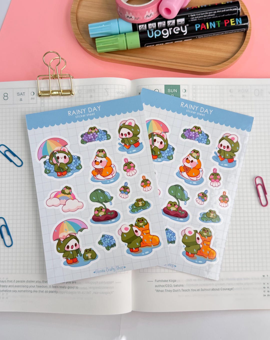 Rainy Day Frog and Bunny Sticker Sheet 4x6 Glossy| Kawaii Animal ...