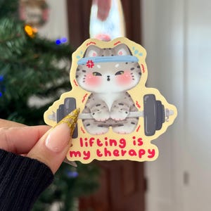 May include: A sticker featuring a cartoon cat lifting weights. The cat is gray and white with a blue headband and a red angry symbol above its head. The text "lifting is my therapy" is in red. The sticker has a yellow border.