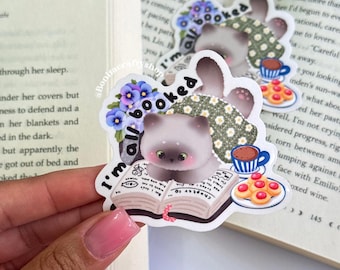 I'm All Booked Cozy Reading Cat Sticker Vinyl| Bookish Cat Coffee Cookie Aesthetic Vinyl Sticker for Journal, Laptop, Planner, Water Bottle