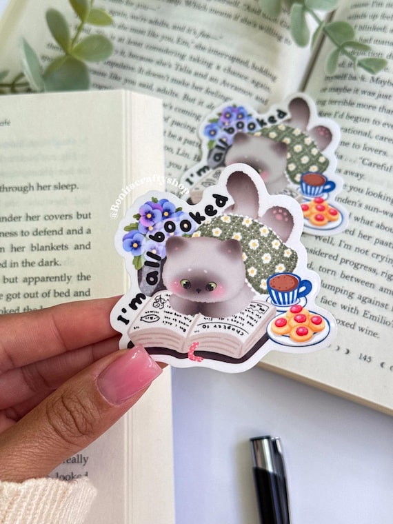 I'm All Booked Cozy Reading Cat Sticker Vinyl| Bookish Cat Coffee Cookie Aesthetic Vinyl Sticker for Journal, Laptop, Planner, Water Bottle